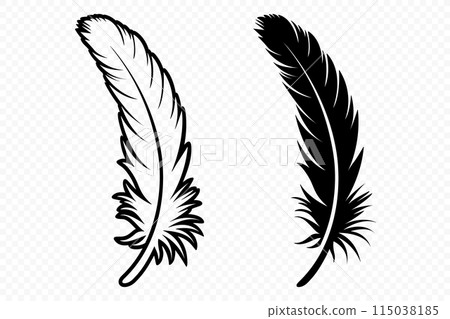 Vector Black and White Fluffy Feather Logo Icons. Silhouette Feather Set Closeup Isolated. Design Template of Flamingo, Angel, Bird Feather. Lightness and Freedom Concept 115038185