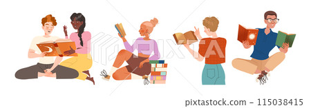Bookcrossing with Happy Man and Woman Character with Borrowed Paper Book Vector Illustration Set 115038415