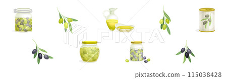 Olives with Oil Glass Jug, Canned Jar and Branch Vector Set Olives with Oil Glass Jug, Canned Jar and Branch Vector Set 115038428