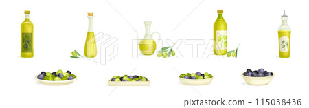 Olives with Oil Glass Bottle and Branch Vector Set 115038436