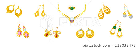 Golden Precious Jewelry with Necklace, Ring and Earring with Gem Vector Set 115038475