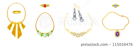 Golden Precious Jewelry with Necklace, Ring and Earring with Gem Vector Set 115038476