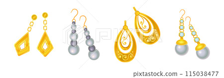 Golden Precious Jewelry with Earrings with Gem Vector Set Golden Precious Jewelry with Earrings with Gem Vector Set 115038477
