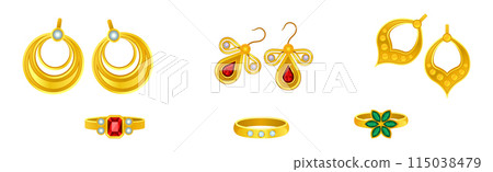 Golden Precious Jewelry with Ring and Earring with Gem Vector Set Golden Precious Jewelry with Ring and Earring with Gem Vector Set 115038479