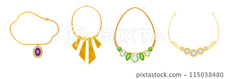 Golden Precious Jewelry with Necklace and Gem Vector Set 115038480
