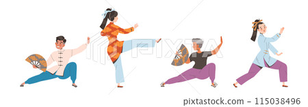 Tai Chi Practice with Man and Woman Doing Qigong Exercise as Internal Chinese Martial Art Vector Illustration Set 115038496
