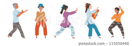 Tai Chi Practice with Man and Woman Doing Qigong Exercise as Internal Chinese Martial Art Vector Illustration Set 115038498