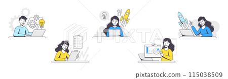 Business Project with People Character Working with Startup Outline Vector Illustration Set 115038509
