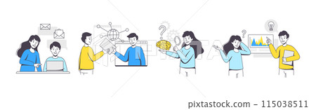 Business Project with People Character Working with Startup Outline Vector Illustration Set 115038511