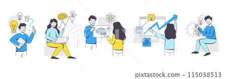 Business Project with People Character Working with Startup Outline Vector Illustration Set 115038513