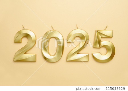 Holiday background Happy New Year 2025. Numbers of year 2025 made by gold candles on bokeh festive sparkling background. celebrating New Year holiday, close-up. Space for text Holiday background Happy New Year 2025. Numbers of year 2025 made by gold candles on bokeh festive sparkling background. celebrating New Year holiday, close-up. Space for text 115038629