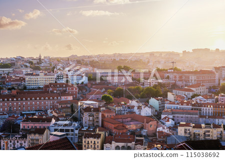 Sunset contre-jour view of Lisbon from Miradouro da Senhora do Monte viewpoint. Lisbon, Portugal 115038692