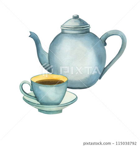Kitchen kettle, blue porcelain tea cup. All objects are painted in watercolors. Watercolor illustration isolated on white background. Suitable for printing on fabric, paper, kitchen design, textiles Kitchen kettle, blue porcelain tea cup. All objects are painted in watercolors. Watercolor illustration isolated on white background. Suitable for printing on fabric, paper, kitchen design, textiles 115038792