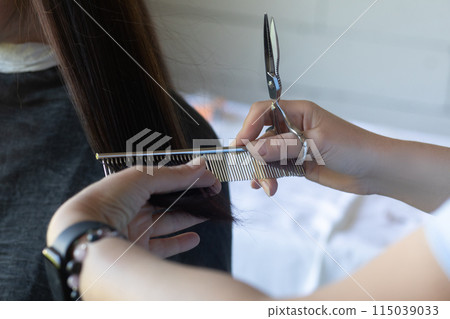 Hairdresser cutting the hair of a client . 115039033