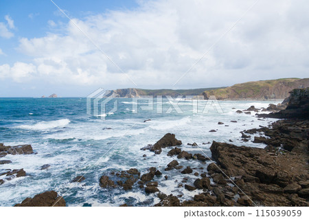 Verdicio beach view. Asturias coastline panorama, Spain Verdicio beach view. Asturias coastline panorama, Spain 115039059