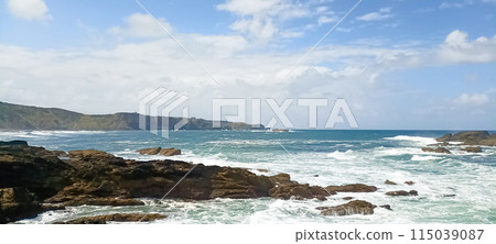 Verdicio beach view. Asturias coastline panorama, Spain Verdicio beach view. Asturias coastline panorama, Spain 115039087
