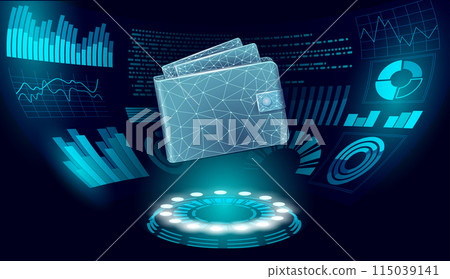 Low poly Online technology wallet. Future e-commerce digital international finance banking exchange blockchain. Payment 3d vector illustration 115039141