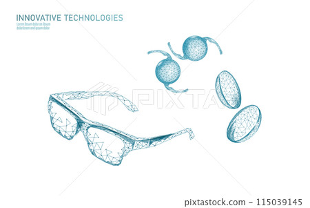Glasses and Intraocular lenses 3D low poly concept. Healthcare eye vision care medicine surgery. Isolated eyewear correction. Ad marketing template vector illustration Glasses and Intraocular lenses 3D low poly concept. Healthcare eye vision care medicine surgery. Isolated eyewear correction. Ad marketing template vector illustration 115039145