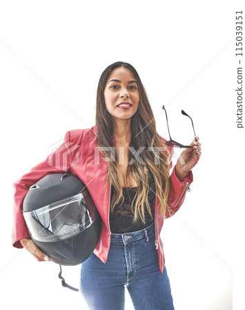 Beautiful empowered motorcyclist woman with modern look. Power woman concept Beautiful empowered motorcyclist woman with modern look. Power woman concept 115039151