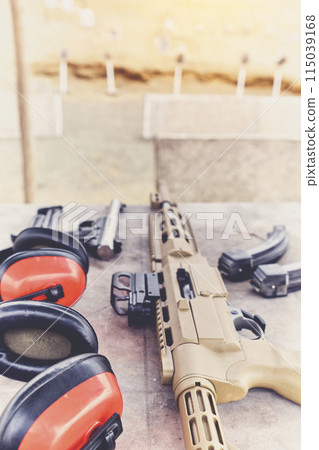Weapons and military equipment for army, Assault rifle gun, shooting instructor. Weapons and military equipment for army, Assault rifle gun, shooting instructor. 115039168