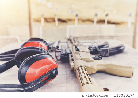 Weapons and military equipment for army, Assault rifle gun, shooting instructor. Weapons and military equipment for army, Assault rifle gun, shooting instructor. 115039174