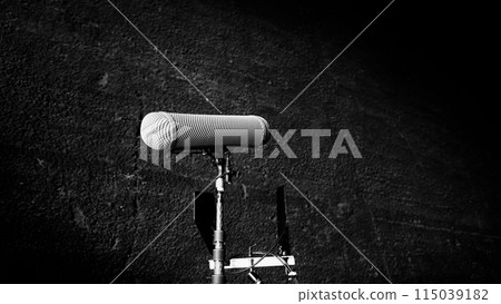 Boom Microphone In Set. Boom Microphone on stand in Video Production which recording audio of talent model and ambient sound in studio. Pro mic for audio capture in film industry and audio recording. 115039182