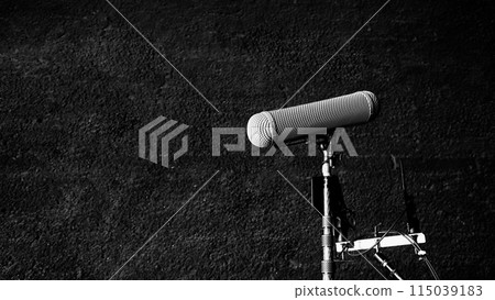 Boom Microphone In Set. Boom Microphone on stand in Video Production which recording audio of talent model and ambient sound in studio. Pro mic for audio capture in film industry and audio recording. Boom Microphone In Set. Boom Microphone on stand in Video Production which recording audio of talent model and ambient sound in studio. Pro mic for audio capture in film industry and audio recording. 115039183