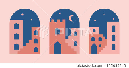 Abstract architecture, buildings, stairs. Minimalist moroccan city night, eastern window, door, gateway shapes for card, poster. 115039343