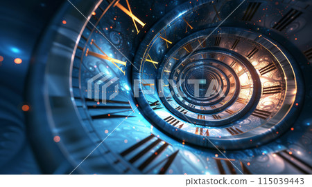 Intricate Spiral Clock with Roman Numerals. Concept of time travel and infinite loop 115039443