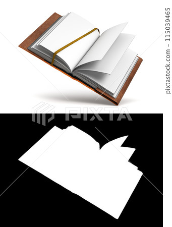 Open book in a leather cover A blank white book floats in the air 3d render on white with alpha 115039465