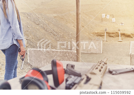 Weapons and military equipment for army, Assault rifle gun, shooting instructor. 115039592