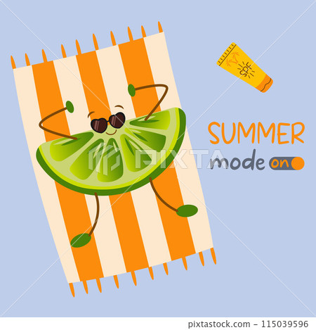 Summer. Lime character wearing sunglasses lying on beach towel. Summer mood included. llustration for web,design, print. Summer. Lime character wearing sunglasses lying on beach towel. Summer mood included. llustration for web,design, print. 115039596