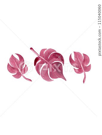 Big red tropical leaves silhouettes. Design elements. Watercolor texture. Ideal for decorating fabrics, wallpaper, dishes and other products with watercolors Big red tropical leaves silhouettes. Design elements. Watercolor texture. Ideal for decorating fabrics, wallpaper, dishes and other products with watercolors 115040060