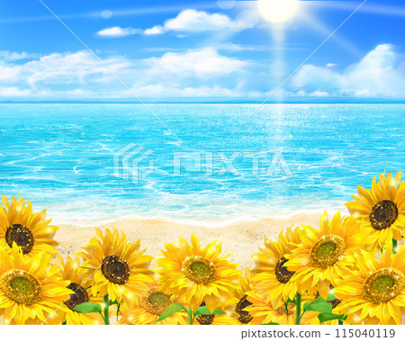Summer image vector illustration material of sunflowers blooming under the blue sky of the sun, contrails and waves of the sea Summer image vector illustration material of sunflowers blooming under the blue sky of the sun, contrails and waves of the sea 115040119