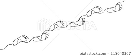 Footprint of a path of barefoot human feet in simple linear style . Diagonal trace of barefoot is drawn with one continuous editable line. Vector illustration 115040367
