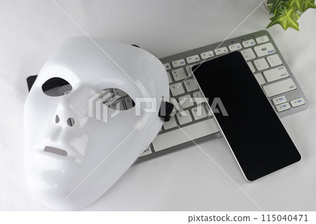 White mask, smartphone and keyboard White mask, smartphone and keyboard 115040471