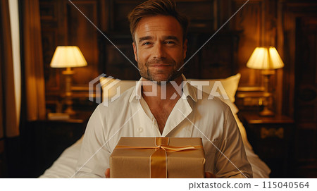 Father holding a gift in a cozy room Father holding a gift in a cozy room 115040564
