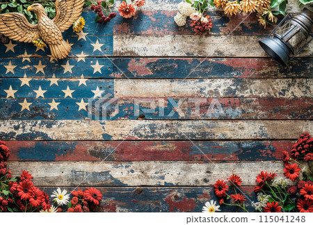 Patriotic flat lay background on rustic barn board with lanterns and american eagle Patriotic flat lay background on rustic barn board with lanterns and american eagle 115041248