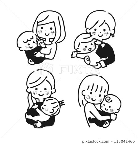 Various mother and baby illustrations, monochrome 115041460