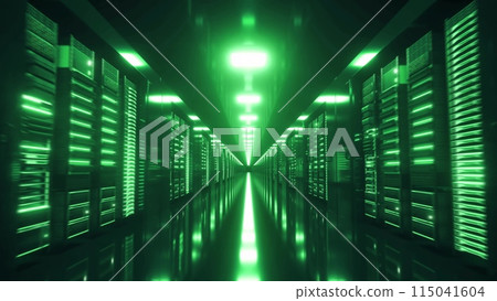 Data center with endless servers. Network and information servers behind glass panels. 3d illustration 115041604