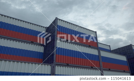 Russia flag containers are located at the container terminal. Russia export or import concept. 3d illustration Russia flag containers are located at the container terminal. Russia export or import concept. 3d illustration 115041613
