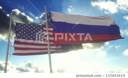 Russia and USA flag on flagpole. Russia and United States waving flag in wind. Russia and United States diplomatic concept. 3d illustration Russia and USA flag on flagpole. Russia and United States waving flag in wind. Russia and United States diplomatic concept. 3d illustration 115041614