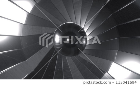 Closeup turbine engine front-end fan. Aircraft turbine. 3d illustration Closeup turbine engine front-end fan. Aircraft turbine. 3d illustration 115041694
