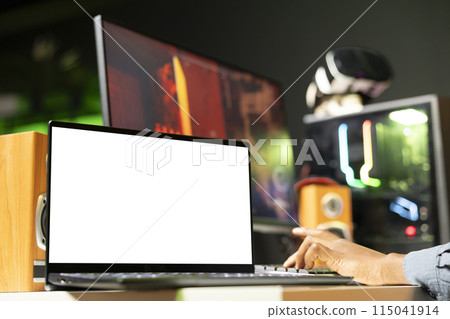 Mockup laptop display next to man playing FPS singleplayer videogame, shooting enemies. Isolated screen notebook near gamer using gun to hit targets in SF game, close up shot Mockup laptop display next to man playing FPS singleplayer videogame, shooting enemies. Isolated screen notebook near gamer using gun to hit targets in SF game, close up shot 115041914