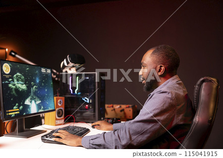 Man at home shooting asteroids in spaceship flying singleplayer game with overlay HUD showing health, fuel, ammo bars and minimap. Gamer navigating universe in simulation game, having fun Man at home shooting asteroids in spaceship flying singleplayer game with overlay HUD showing health, fuel, ammo bars and minimap. Gamer navigating universe in simulation game, having fun 115041915