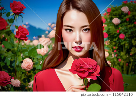 Rose garden and woman with roses 115042110