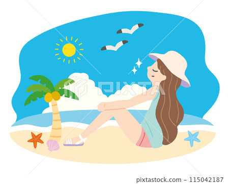 在夏天在海灘上放鬆的女人 在夏天在海灘上放鬆的女人 115042187