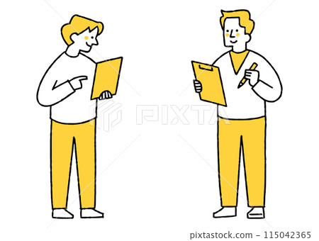 A person with a tablet and a person with a binder 115042365