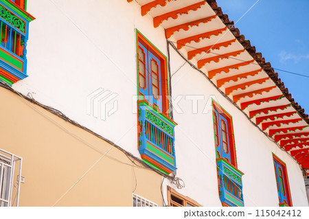 Beautiful facades at the historical downtown of the heritage town of Aguadas located at the Caldas department in Colombia. Beautiful facades at the historical downtown of the heritage town of Aguadas located at the Caldas department in Colombia. 115042412