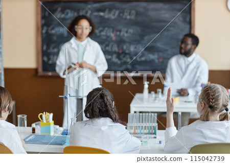 Selective focus shot of middle school students solving problems and raising hands during Chemistry class, copy space Selective focus shot of middle school students solving problems and raising hands during Chemistry class, copy space 115042739